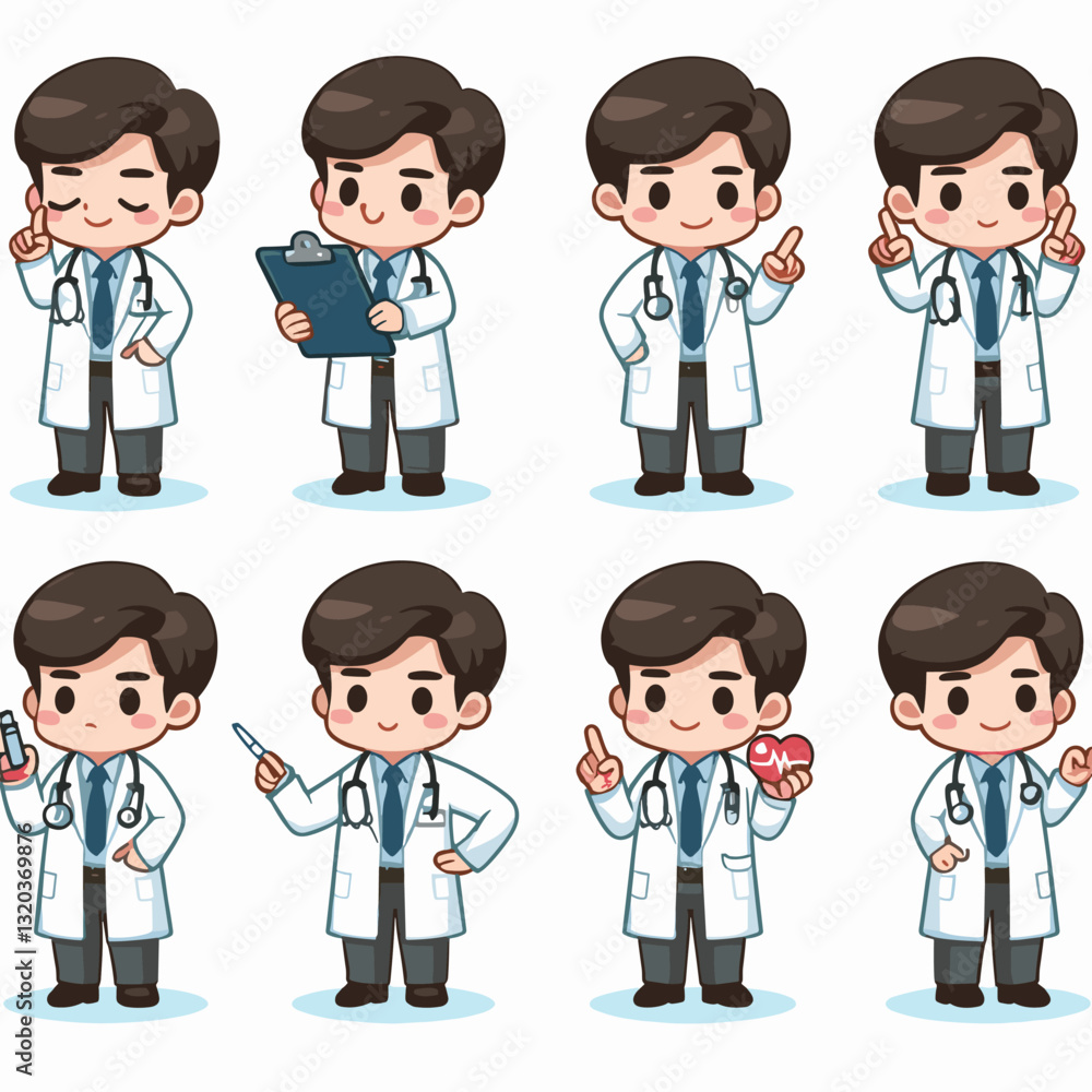Set of Adorable Cartoon Doctor Character Poses with Medical Instruments Set of Adorable Cartoon Doctor Character Poses with Medical Instruments