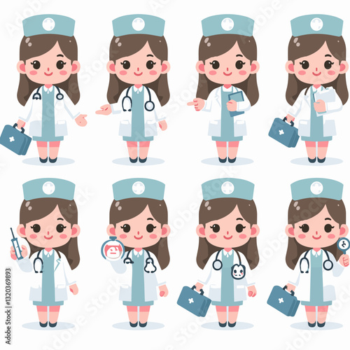 Cute Cartoon Nurses with Various Medical Tools in Uniforms Vector Illustration