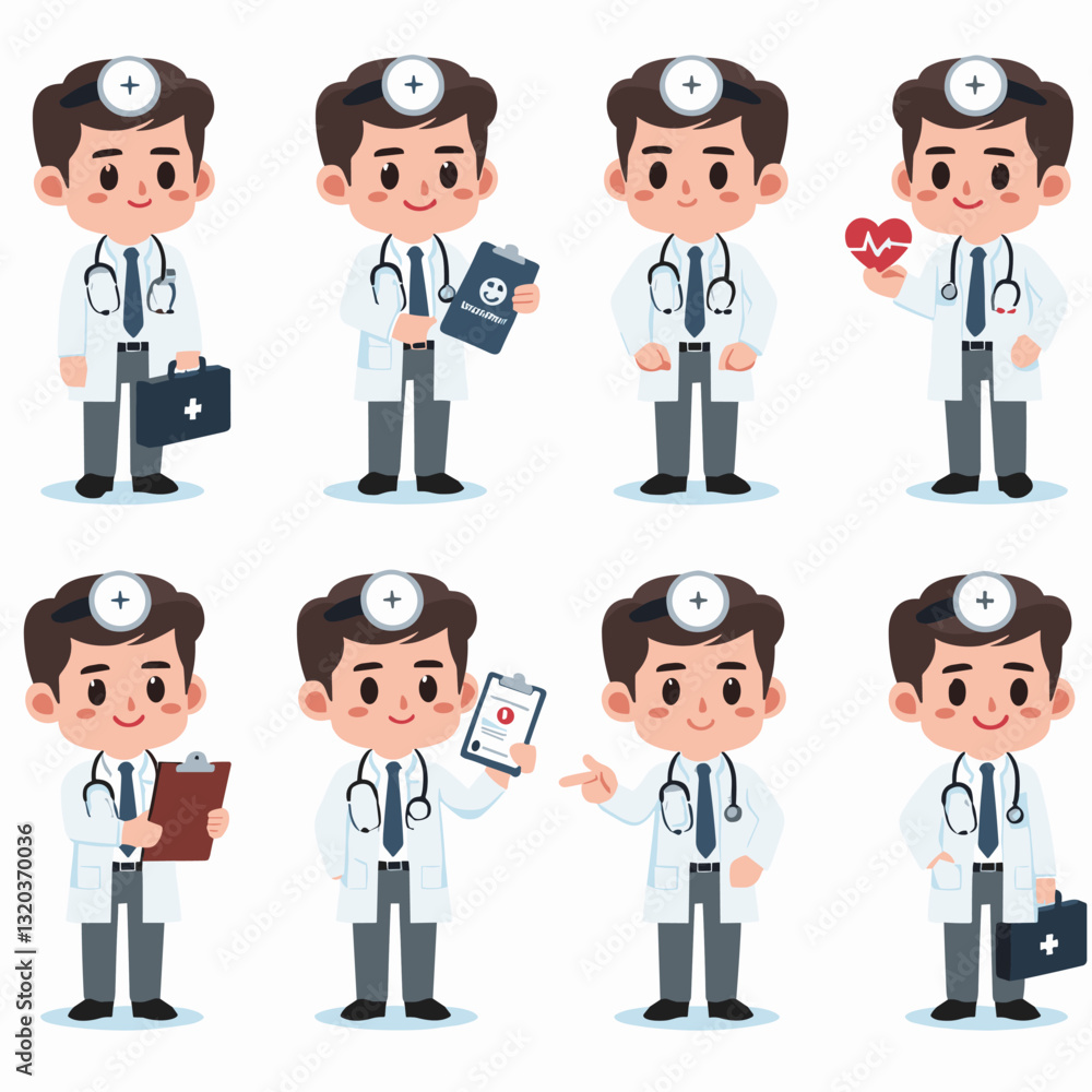 Cartoon Illustrations of Male Doctors in Various Poses and Actions on White Background Cartoon Illustrations of Male Doctors in Various Poses and Actions on White Background