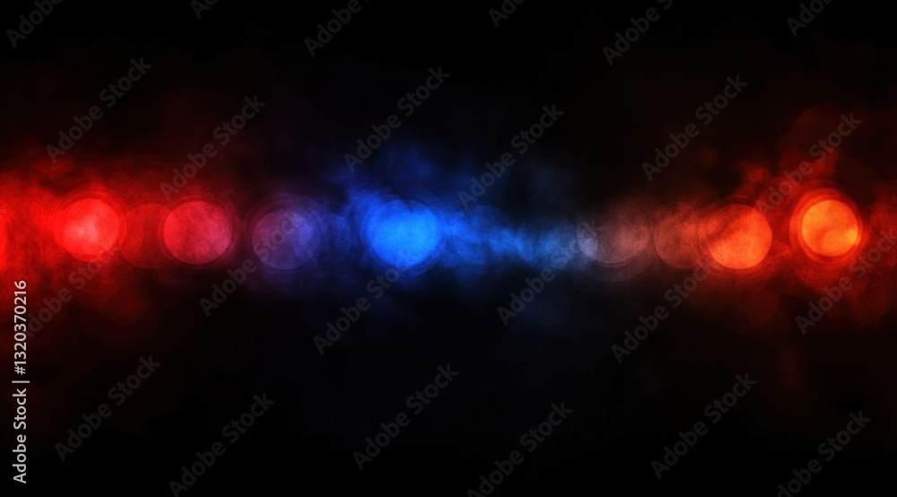 Blurry red and blue lights in a dark smoky scene Blurry red and blue lights in a dark smoky scene