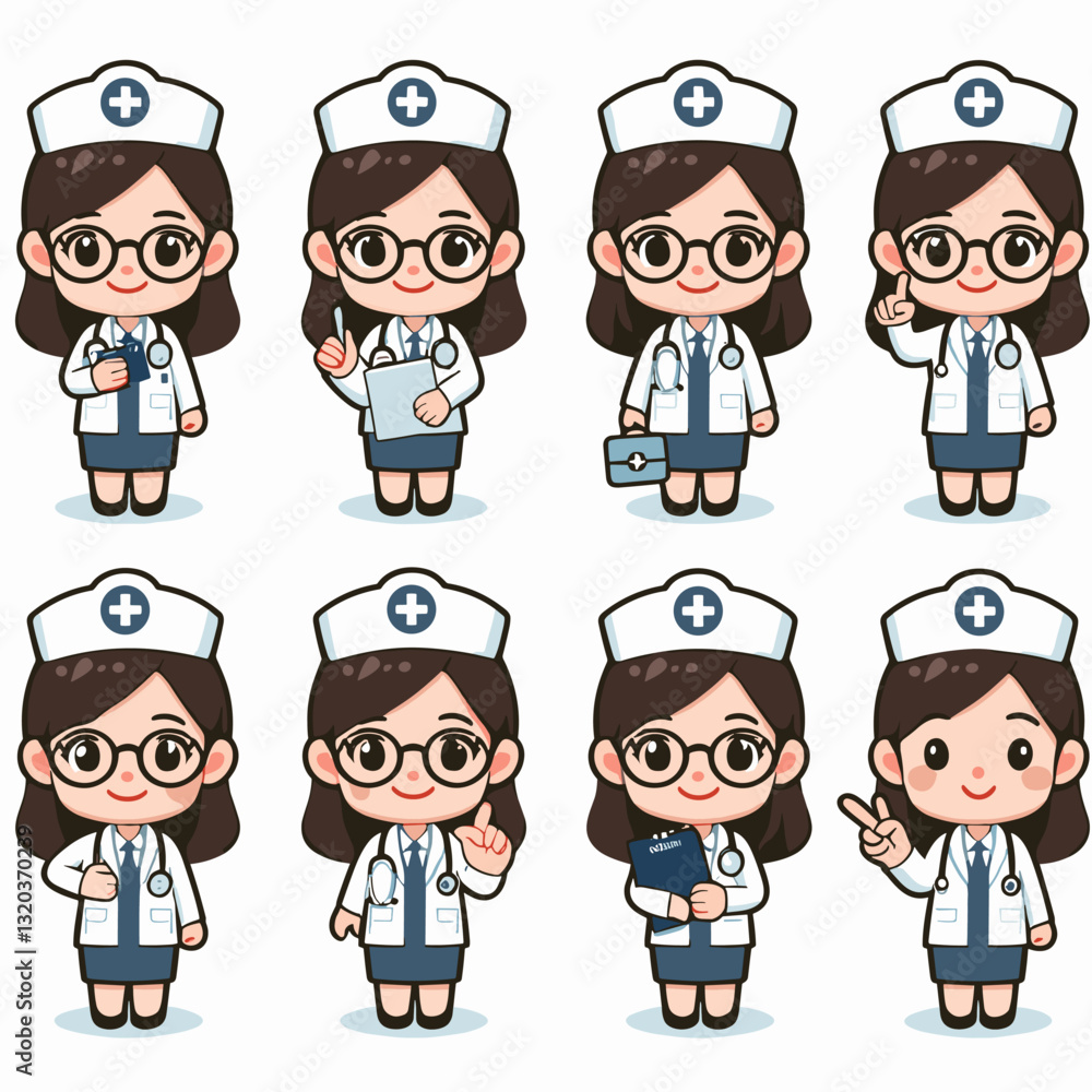 Group of Charming Cartoon Nurse Characters in Various Poses and Actions Group of Charming Cartoon Nurse Characters in Various Poses and Actions