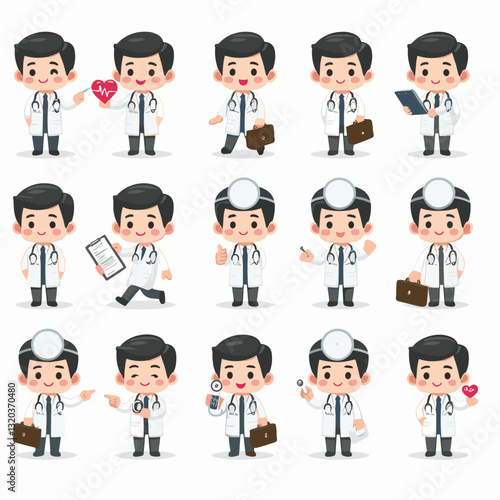 Cute doctor cartoon character collection in different poses for medical design