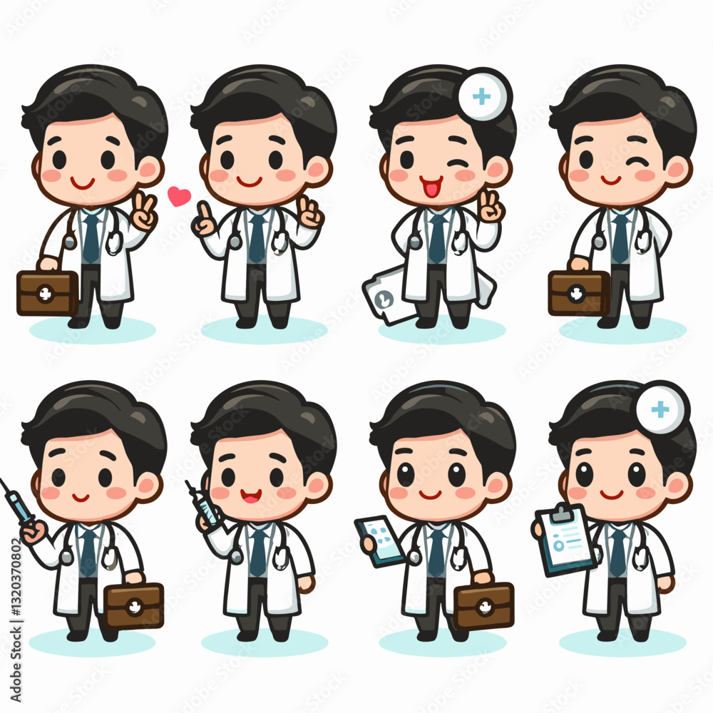 Cute Cartoon Doctor Poses Set in White Coat with Medical Accessories Cute Cartoon Doctor Poses Set in White Coat with Medical Accessories