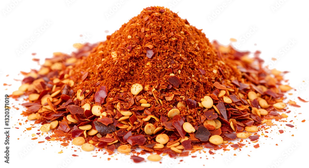 Close up spicy chili red pepper flakes, chopped, milled dry paprika pile isolated on white Close up spicy chili red pepper flakes, chopped, milled dry paprika pile isolated on white