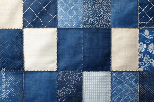 a patchwork quilt with various blue and white patterns.