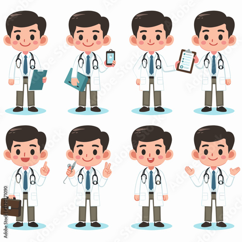 Illustration set featuring cartoon doctor in various poses and expressions