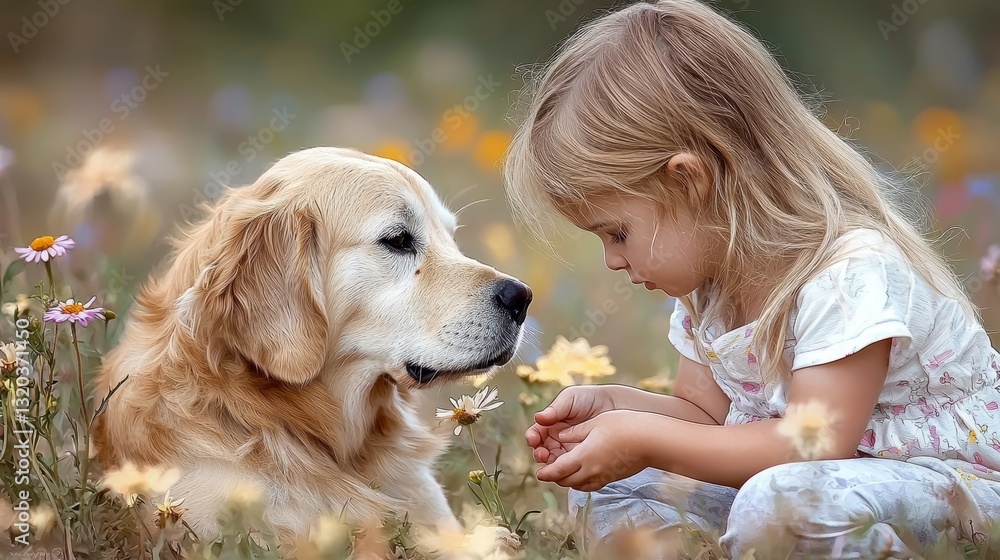Young Girl Interacting with Golden Retriever in a Blossoming Flower Field with Soft Natural Light Young Girl Interacting with Golden Retriever in a Blossoming Flower Field with Soft Natural Light