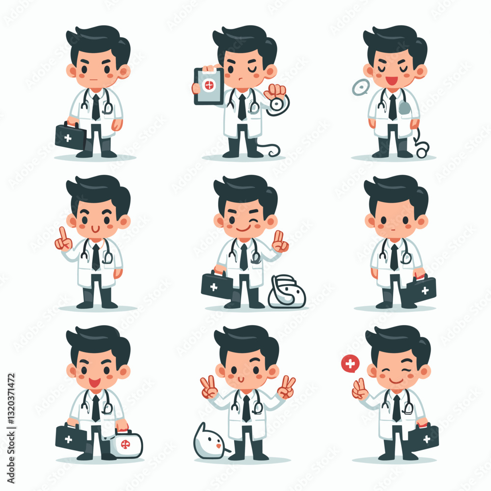Collection of cheerful cartoon doctor character in various poses and actions Collection of cheerful cartoon doctor character in various poses and actions