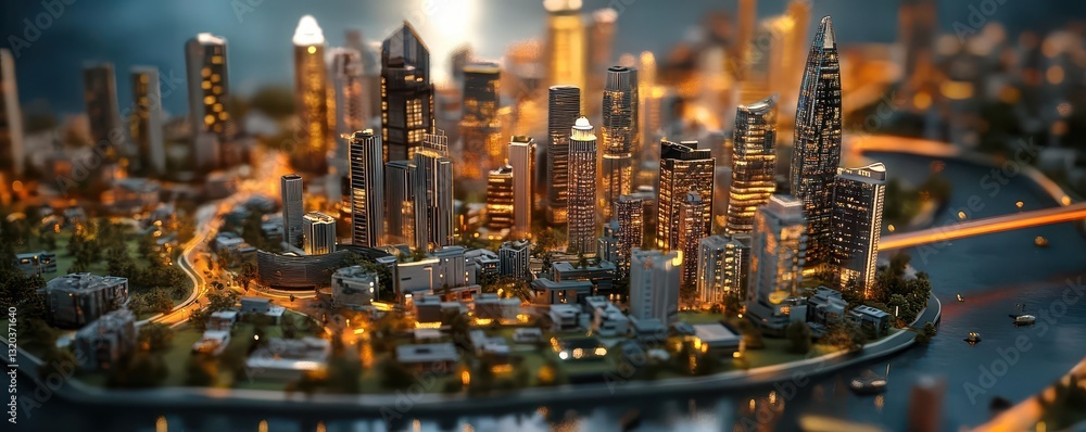 Dazzling City Skyline at Night with Illuminated Skyscrapers and River Dazzling City Skyline at Night with Illuminated Skyscrapers and River