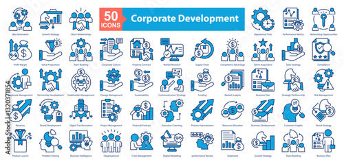 Corporate Development icon sheet Idea Generation, Property Contract, Change Management, Digital Transformation, Problem Solving, Growth Strategy, Client Relationships, Operational Time, Performance
