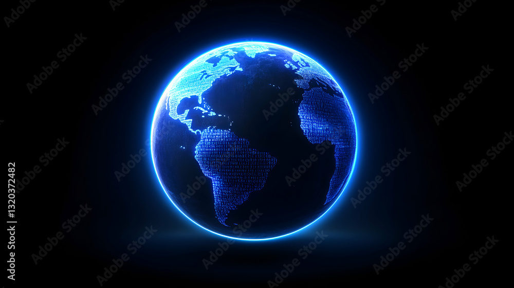 Fototapeta premium Futuristic digital globe glowing with binary code, representing global network connectivity and data flow. Ideal for technology, AI, and global communication concepts.