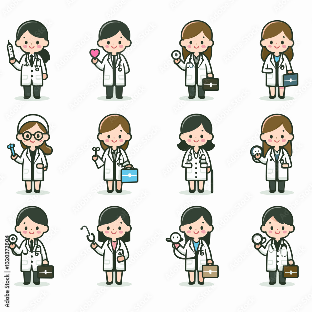 Collection of female doctors wearing lab coats illustration on a white background Collection of female doctors wearing lab coats illustration on a white background