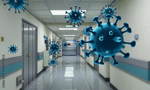 A hospital corridor with floating representations of viruses, emphasizing health and safety concerns.