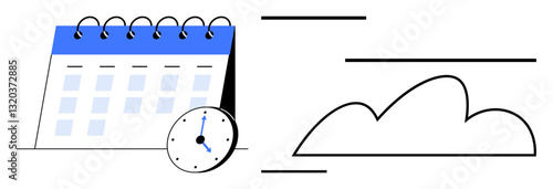 Calendar with pages and clock for tracking dates and time, minimal cloudline element. Ideal for productivity, planning, schedule, time management, deadlines, organization, flat simple metaphor