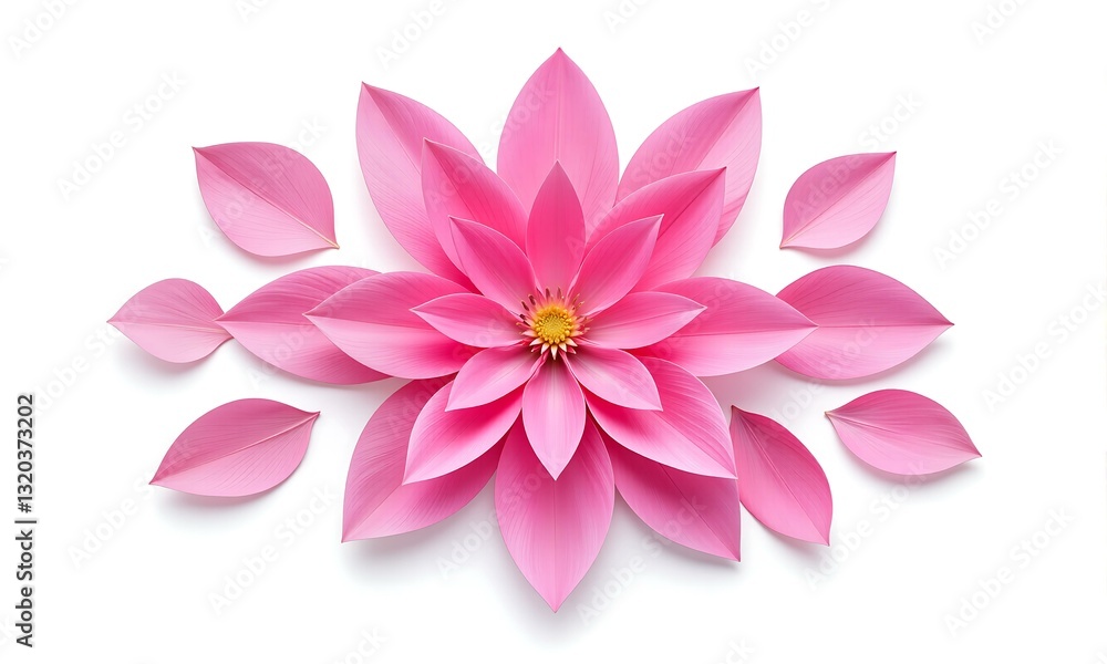 Fototapeta premium Paper flowers with leaves on white background.