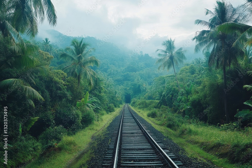 Train tracks disappear into lush green tropical foliage. Perfect for travel, adventure, or nature themes. Train tracks disappear into lush green tropical foliage. Perfect for travel, adventure, or nature themes.