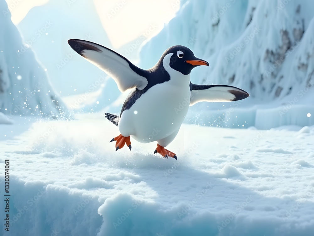 Fototapeta premium Playful Penguin Sliding on Ice: A lively penguin sliding playfully on the icy surface, wings spread out for balance. The background features a snowy Antarctic landscape with a soft blur effect.