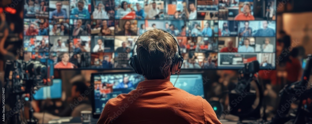Person Engaged in Live Streaming with Multiple Video Screens Displayed Person Engaged in Live Streaming with Multiple Video Screens Displayed
