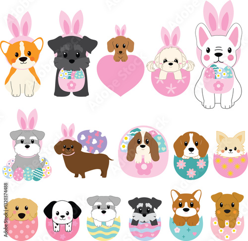 cute easter dog clipart, pastel puppy digital art, kawaii dog with bunny ears, adorable puppy in easter egg, spring dog illustration, digital easter puppy design, printable dog easter graphics,