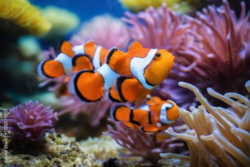 Clownfish School Swimming Among Purple Anemones in Colorful Underwater Aquarium Scene