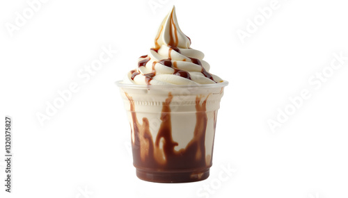 Delicious Ice Cream Sundae with Chocolate Sauce in a Plastic Cup. Perfect Dessert for Summer!