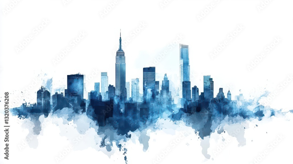 Fototapeta premium Abstract City Skyline Silhouette in Watercolor Style and Blue Tones