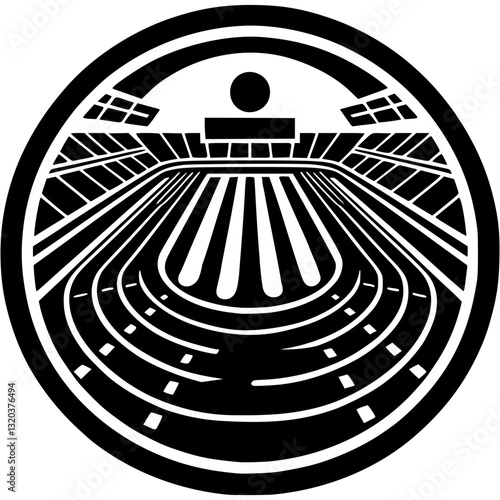 Sport emblem of sports stadium with stands and running tracks in monochrome. Engraving minimalistic vector in black ink drawing on transparent background