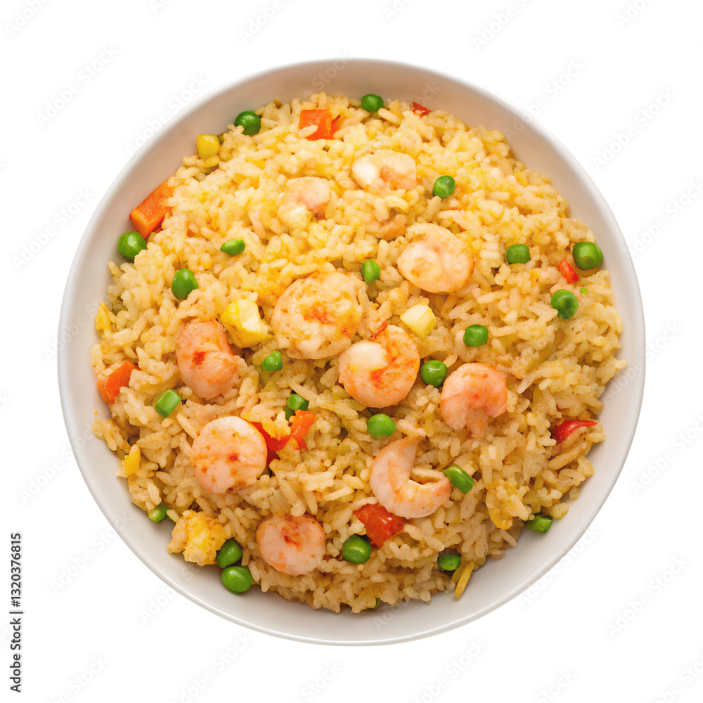 Delicious shrimp fried rice with vegetables in white bowl Delicious shrimp fried rice with vegetables in white bowl