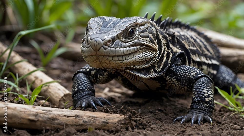 Fototapeta premium In Search of Sustenance: A Tegu Excavates the Soil Near a Fallen Log