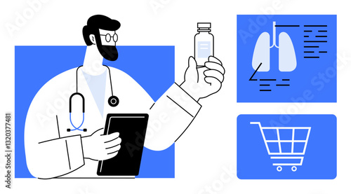 Doctor examining medication bottle, lungs illustration, and e-commerce cart icon. Ideal for telemedicine, healthcare, pharmacy, online consultation, medical research, diagnostics digital solutions