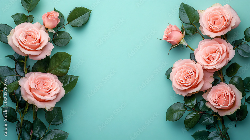 A serene arrangement of pale pink roses and dark green leaves on a light turquoise background, perfect for Easter, birthdays, and Mother's Day designs.
