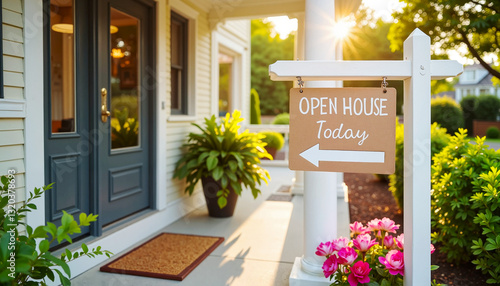 Open House Sign with Flowers on Porch, real estate sale