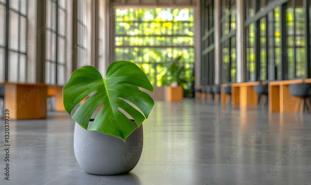 Single Monstera leaf in a grey pot sits on a polished concrete floor in a modern, bright interior space with blurred desks and large windows showing greenery. Single Monstera leaf in a grey pot sits on a polished concrete floor in a modern, bright interior space with blurred desks and large windows showing greenery.