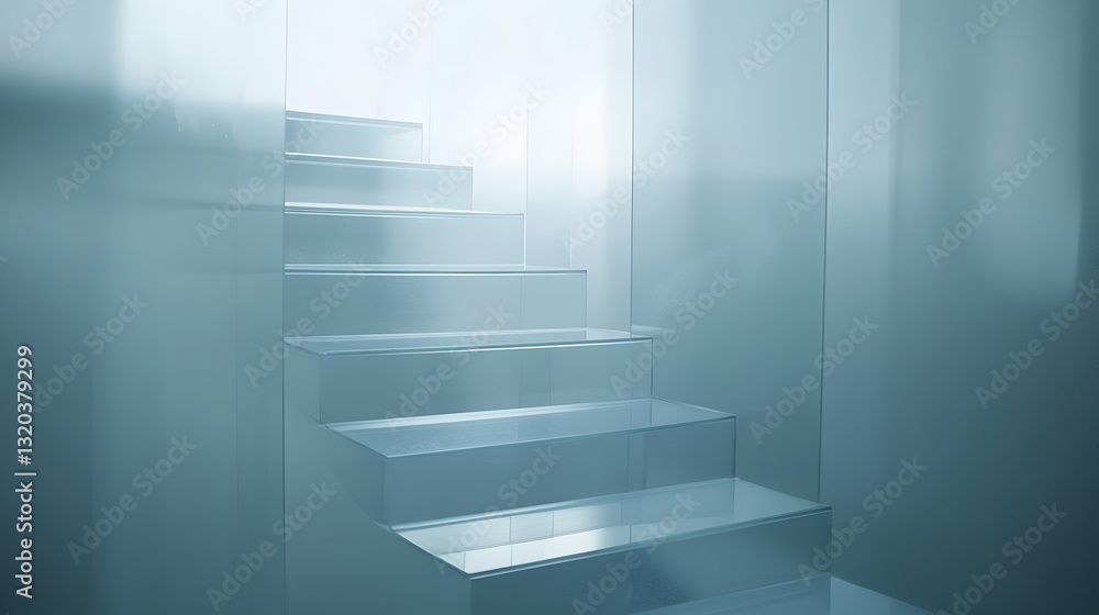Obraz premium Modern glass staircase ascending towards light, minimalist architectural design, clean lines, cool blue tones, contemporary interior.