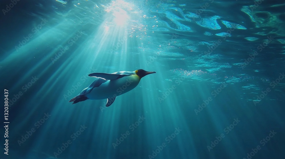 Fototapeta premium A magnificent emperor penguin swimming through crystal-clear waters, Full HD, 32k Resolution 