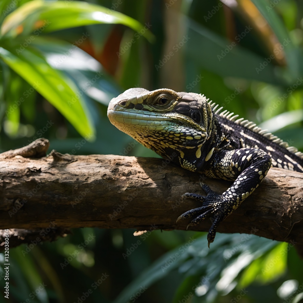 Obraz premium In the Canopy: A Juvenile Tegu Among Vibrant Plants and Dappled Light