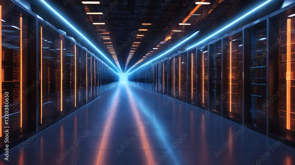 Fototapeta premium A Futuristic Data Centers Glowing Corridor Pulses With Vibrant Energy, A Pathway To Digital Innovation With Cool Blue And Warm Orange Lights