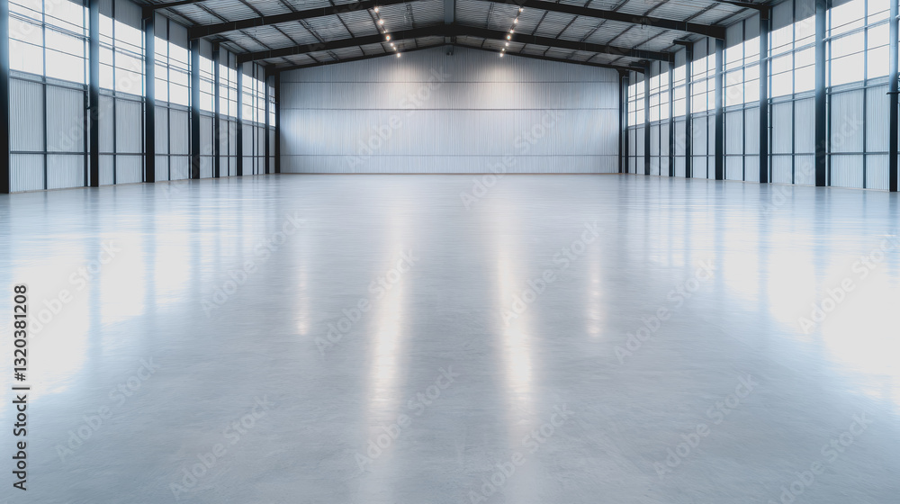 Obraz premium Empty industrial warehouse with high ceilings and lots of offering natural light in a spacious environment