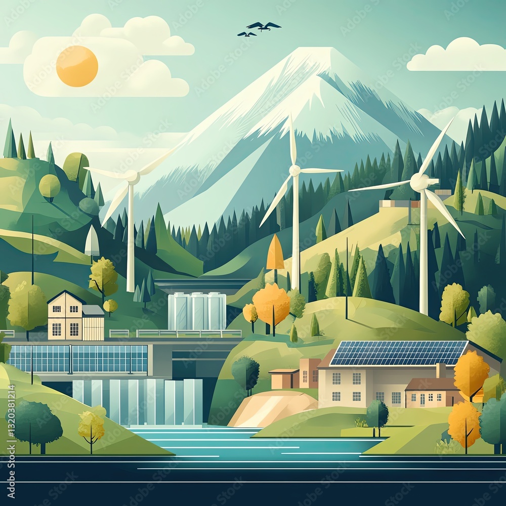 Fototapeta premium Scenic landscape with renewable energy sources.