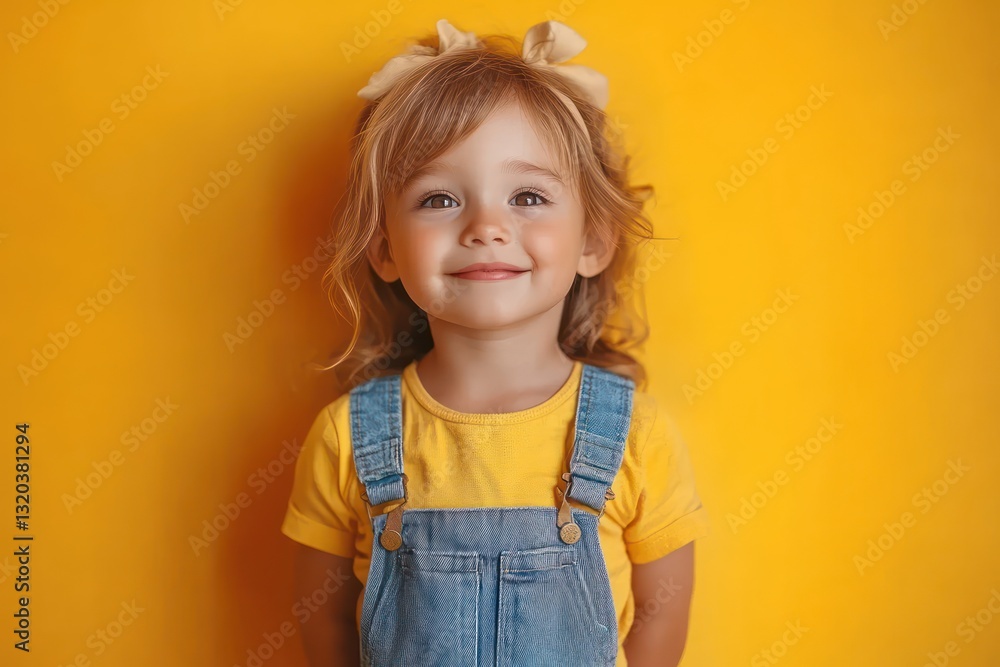 Cheerful child in denim overalls and yellow shirt stands against bright yellow background Cheerful child in denim overalls and yellow shirt stands against bright yellow background