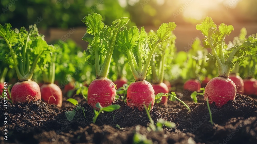 Fresh red radishes growing in rich soil, vibrant green leaves. Illustrates healthy organic farming and fresh produce. Fresh red radishes growing in rich soil, vibrant green leaves. Illustrates healthy organic farming and fresh produce.