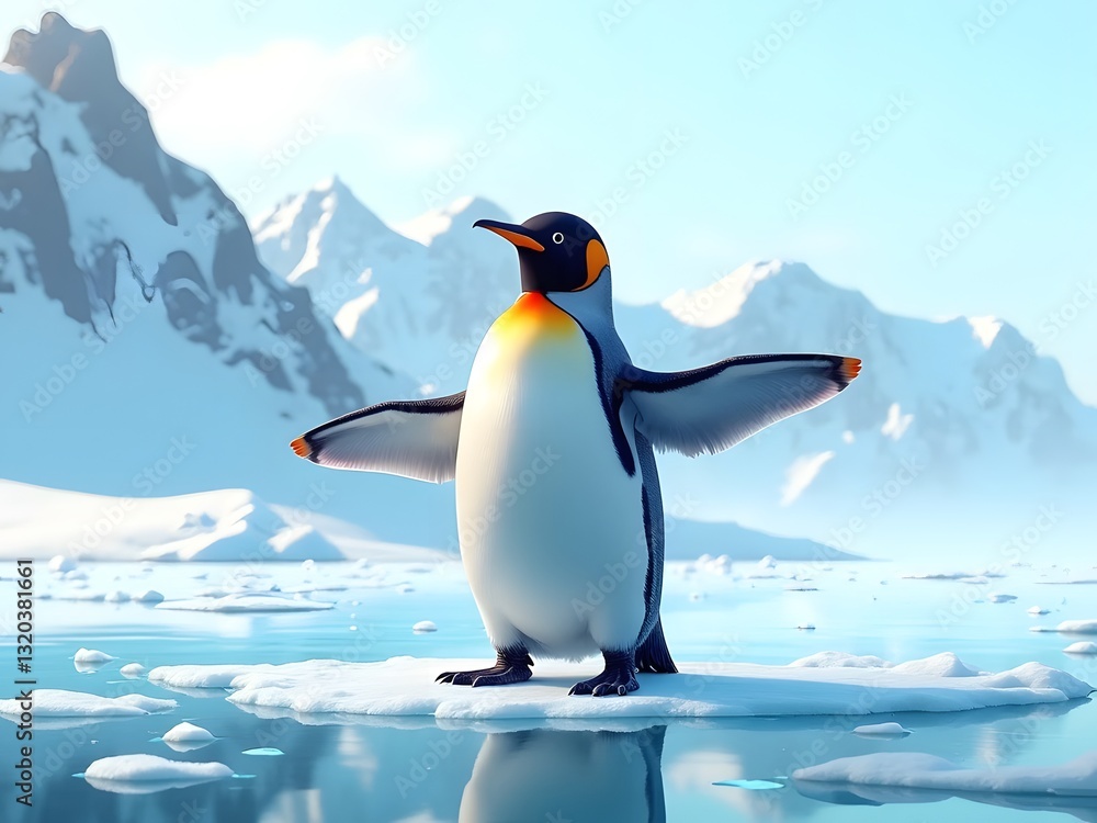 Obraz premium Penguin Spreading Its Wings on Ice: A lively penguin standing tall on ice, spreading its wings wide as if preparing for flight. The icy background reflects the soft blue hues of the Antarctic sky.