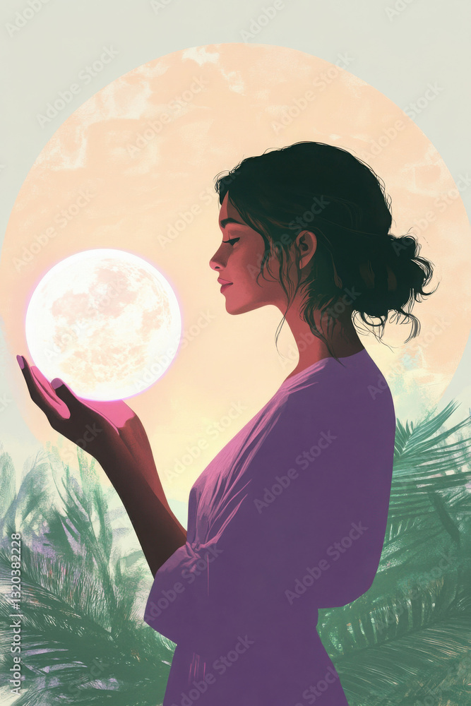 Naklejka premium A young woman holds a glowing orb, silhouetted against a sunset, creating a mystical and serene atmosphere.