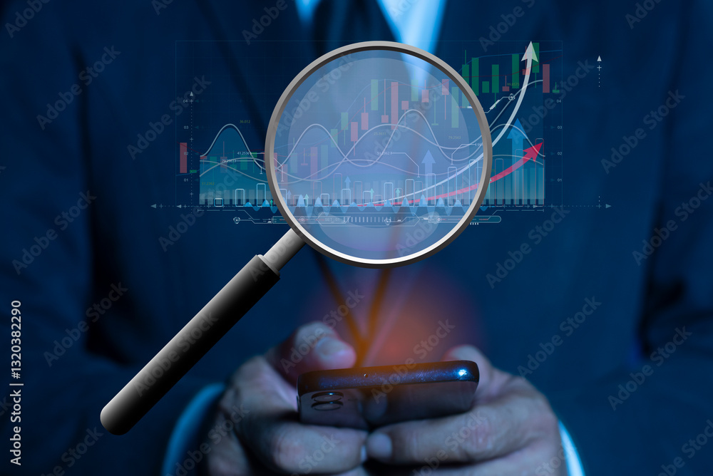 Businesspeople investor trader use magnifying glass find stock in stock markets, analyze financial data chart trading forex, and opportunities for investment, take profit from funds, Financial Analys