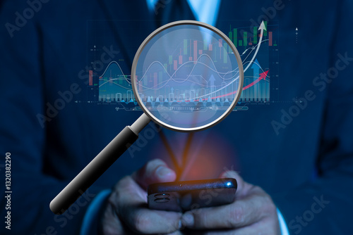 Obraz na płótnie Businesspeople investor trader use magnifying glass find stock in stock markets, analyze financial data chart trading forex, and opportunities for investment, take profit from funds, Financial Analys w salonie