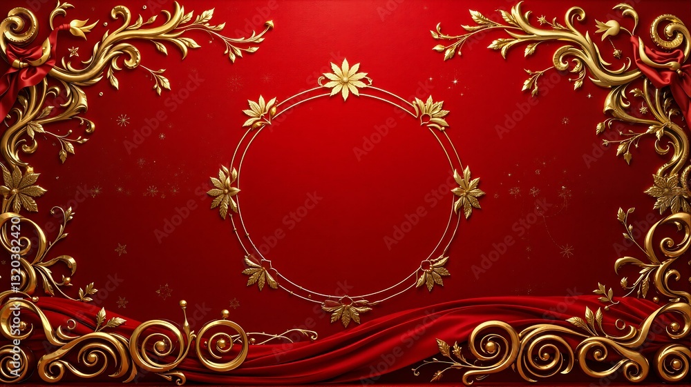 Red background with decorative gold elements on borders. Red background with decorative gold elements on borders.