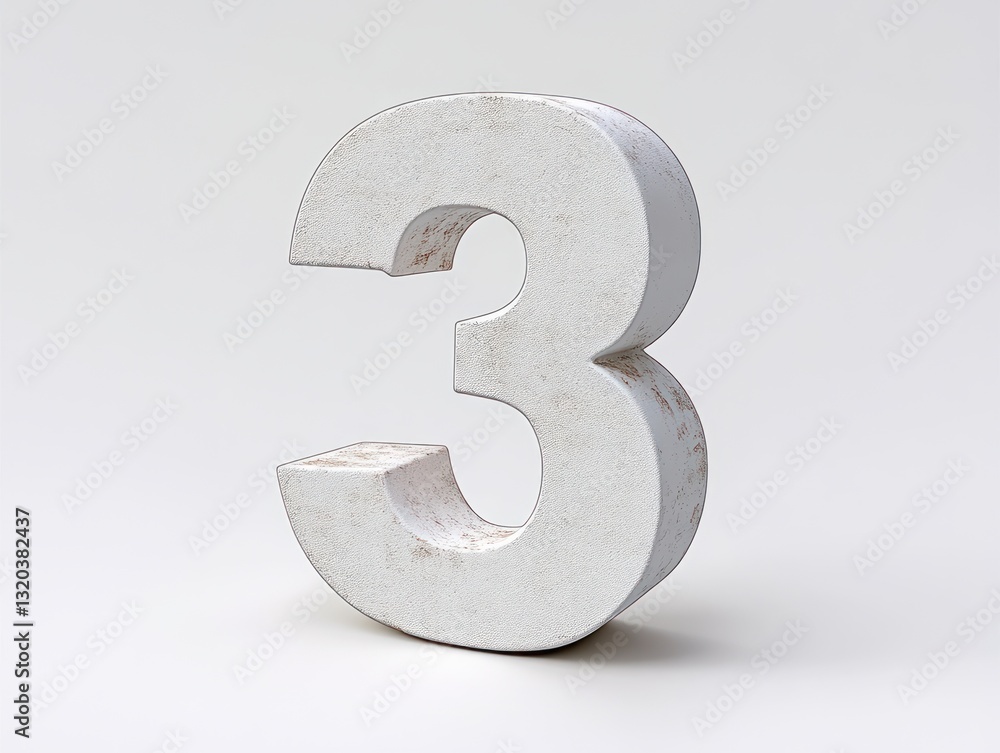 Minimalist 3D number three design with glossy metallic finish in bright white color for modern typography Minimalist 3D number three design with glossy metallic finish in bright white color for modern typography