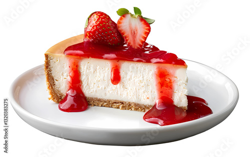 Wallpaper Mural Strawberry Cheesecake Delight: A delectable slice of creamy cheesecake topped with fresh strawberries and a luscious strawberry drizzle on a clean plate, ready to satisfy any sweet tooth. Torontodigital.ca