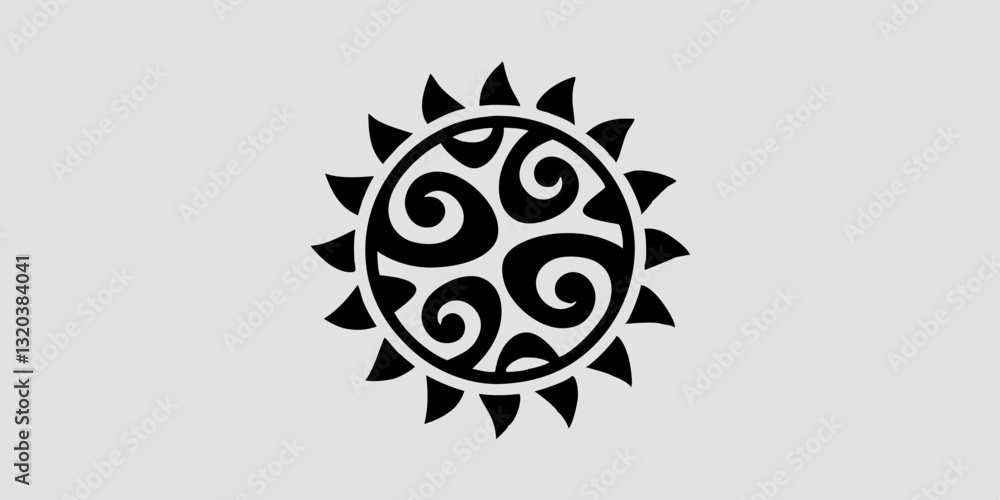 Sun symbol, tribal design, black silhouette, white background, circular pattern. Use for cultural, spiritual, or artistic websites and blogs. Sun symbol, tribal design, black silhouette, white background, circular pattern. Use for cultural, spiritual, or artistic websites and blogs.