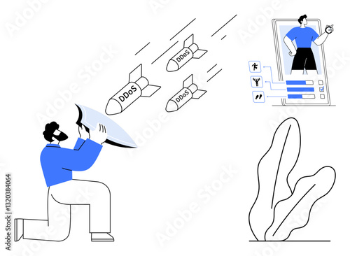 Person blocks DDoS attack missiles using shield, large mobile interface with user profile, plant nearby. Ideal for cybersecurity, defense, digital protection, tech management, risk management